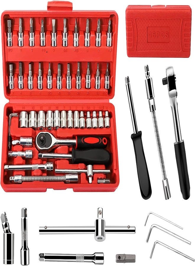 Sument Tool Kit 46 Pieces Drive Socket Set Auto Repair Hand Tool Ratchet Wrench Set, Tools Kit for Automotive Repair, Household, Car & Bicycle Repairs Metric screwdriver Set with Storage Case - Image 1